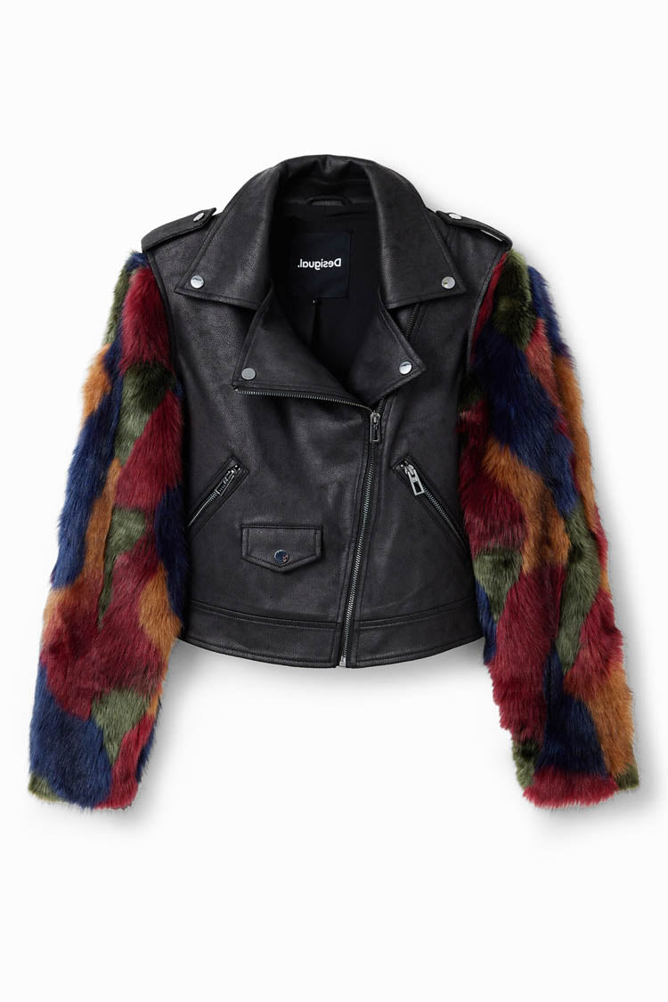 Detachable Fur-effect Biker Jacket