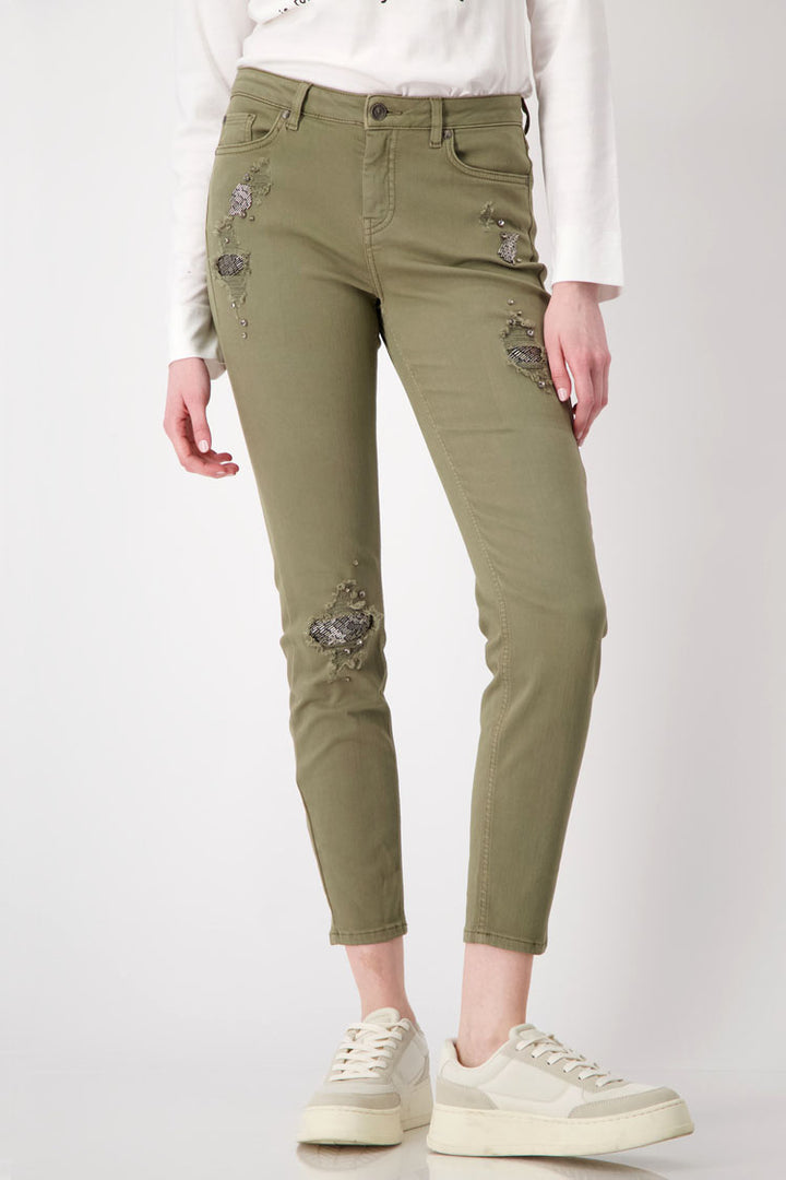 Distressed Denim Jeans with Studs in Green Tea