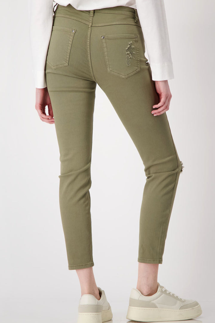 Distressed Denim Jeans with Studs in Green Tea
