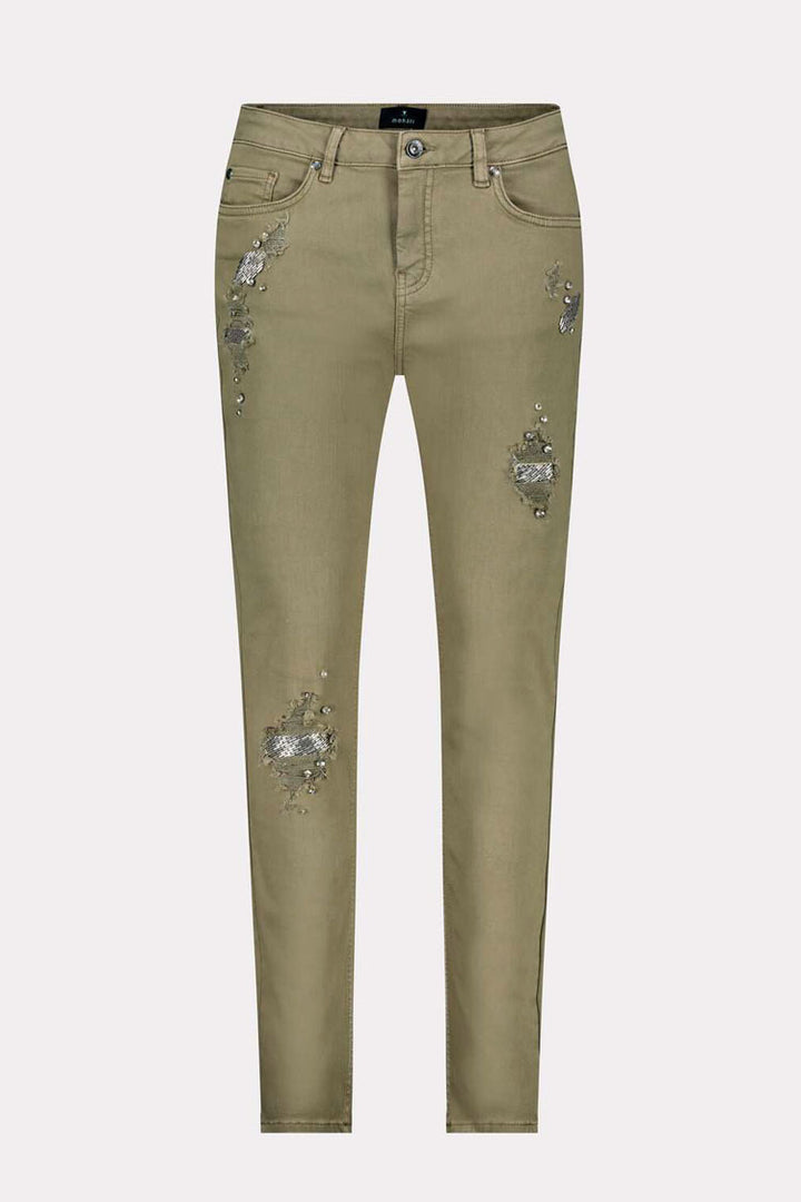 Distressed Denim Jeans with Studs in Green Tea