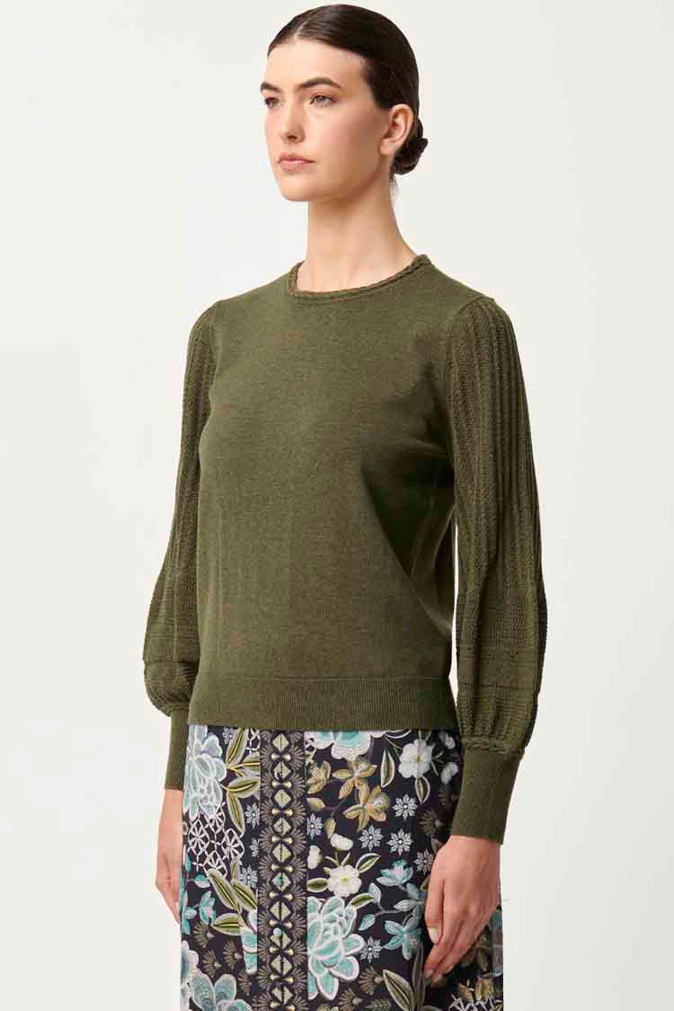 Eastyn Pointelle Sleeve Braided Neck Knit in Moss