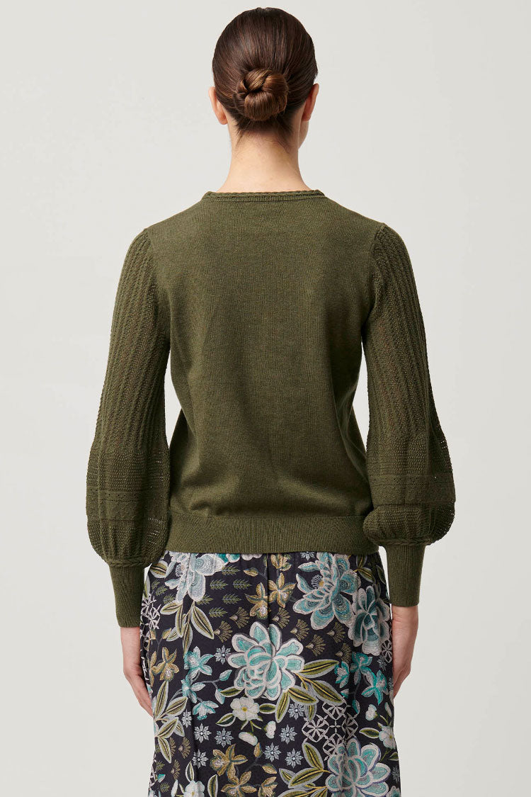 Eastyn Pointelle Sleeve Braided Neck Knit in Moss