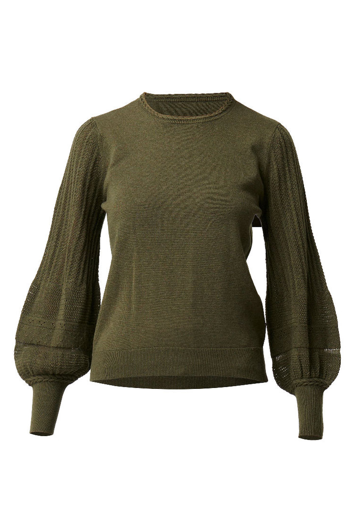 Eastyn Pointelle Sleeve Braided Neck Knit in Moss