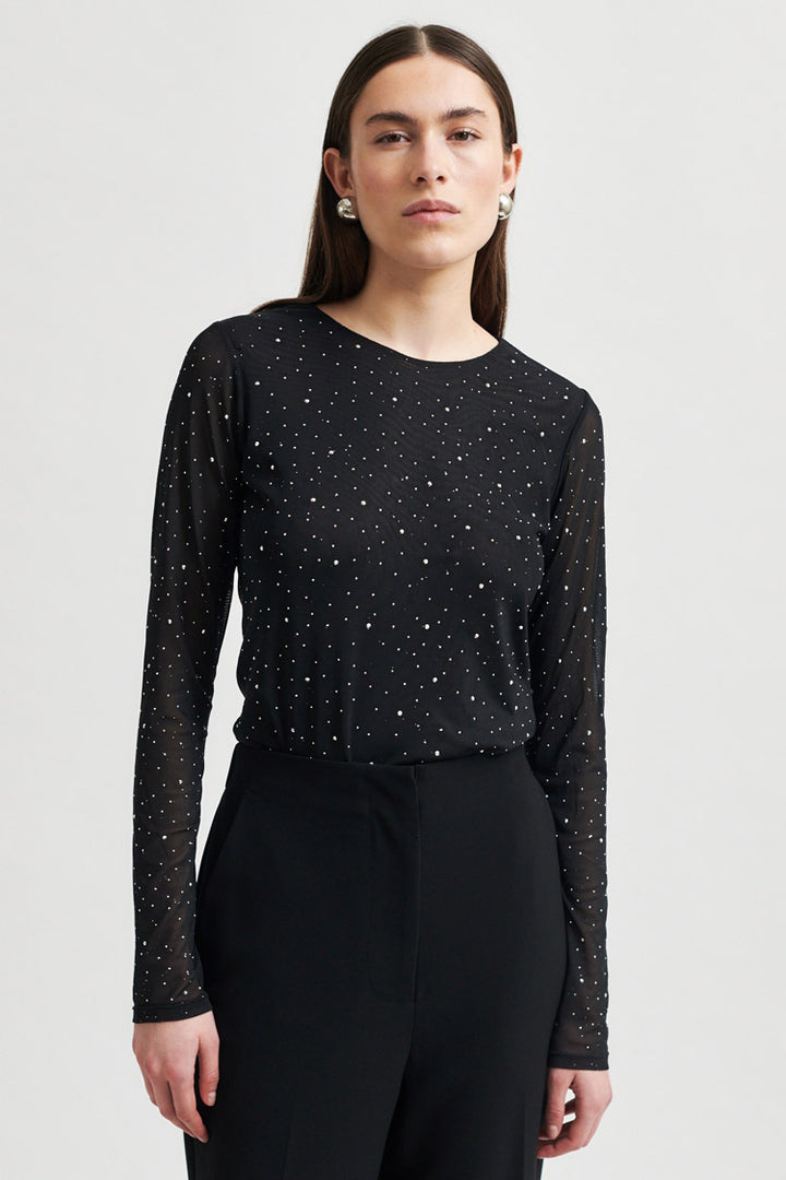 Edgy O-Neck Embellished Mesh Tee