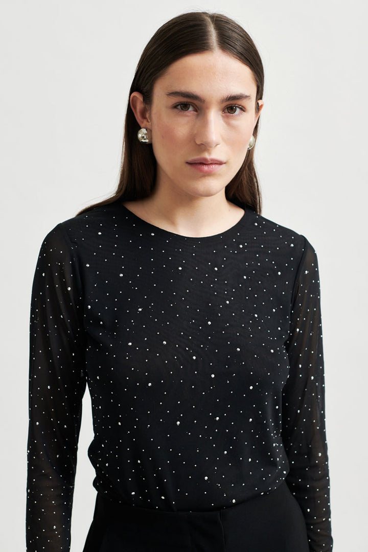 Edgy O-Neck Embellished Mesh Tee