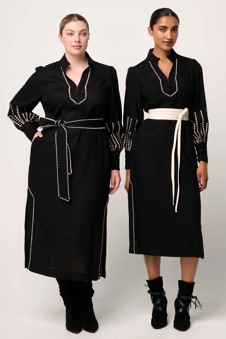 Edith Embroidered Column Midi Dress in Black