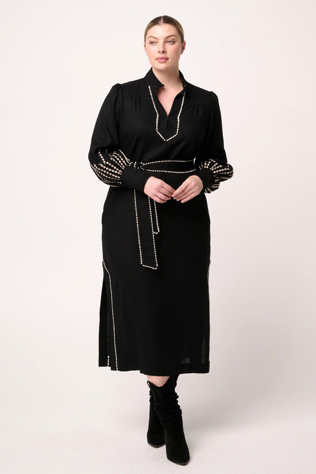 Edith Embroidered Column Midi Dress in Black