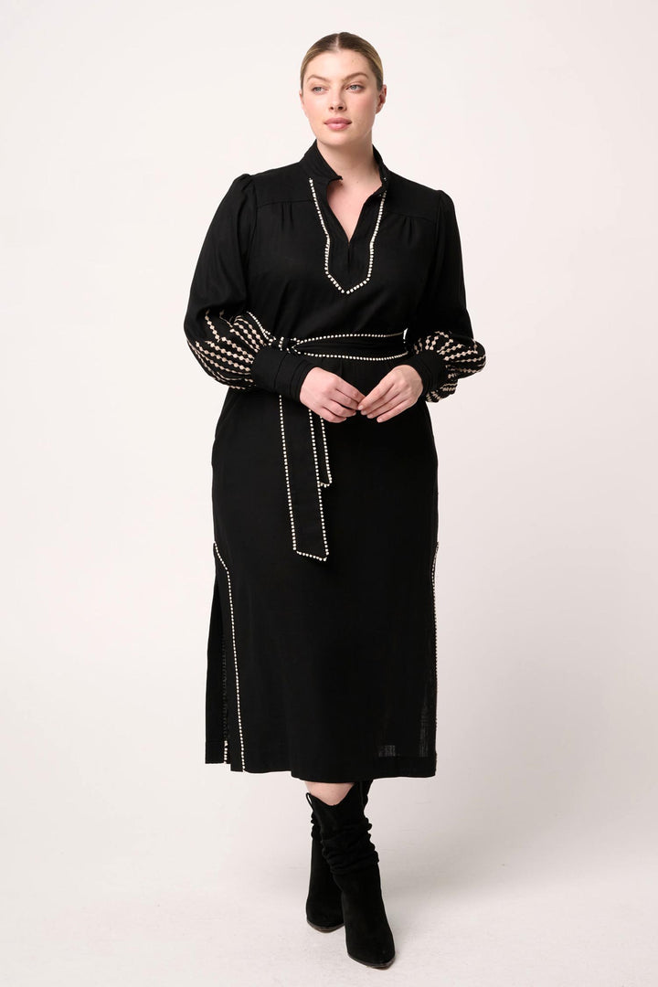 Edith Embroidered Column Midi Dress in Black