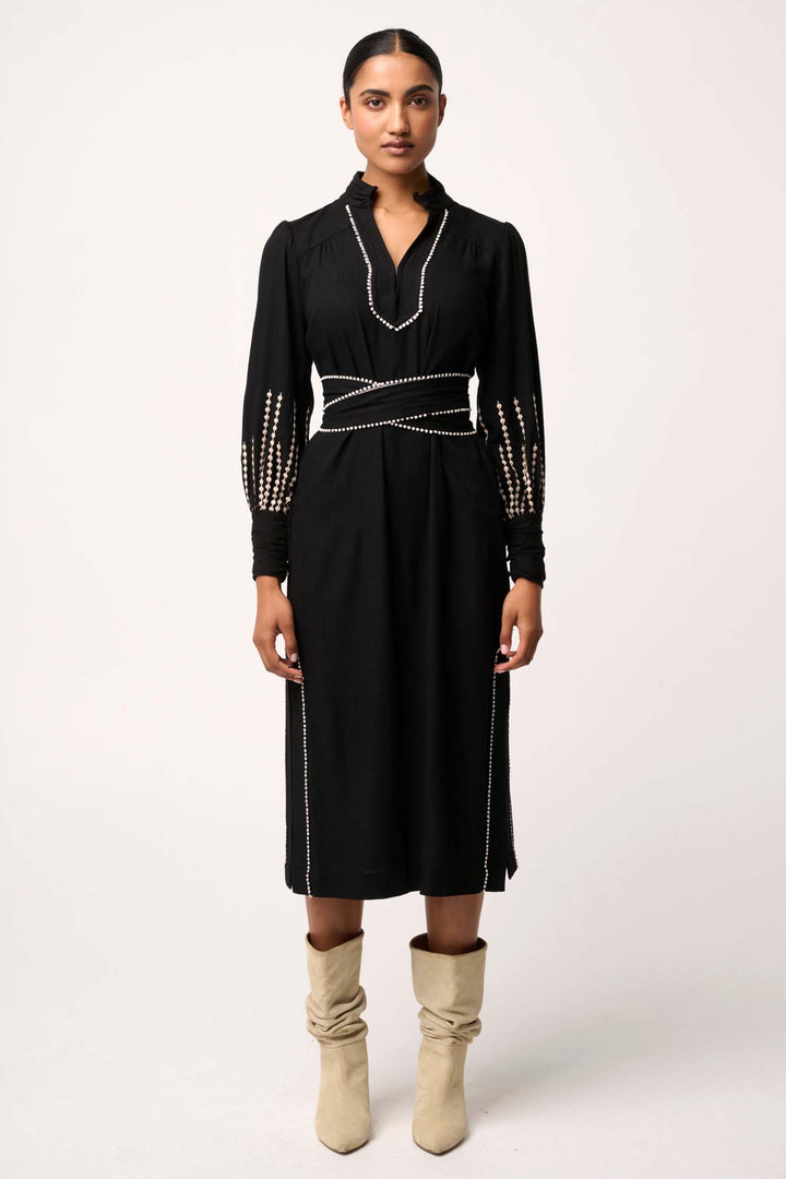 Edith Embroidered Column Midi Dress in Black