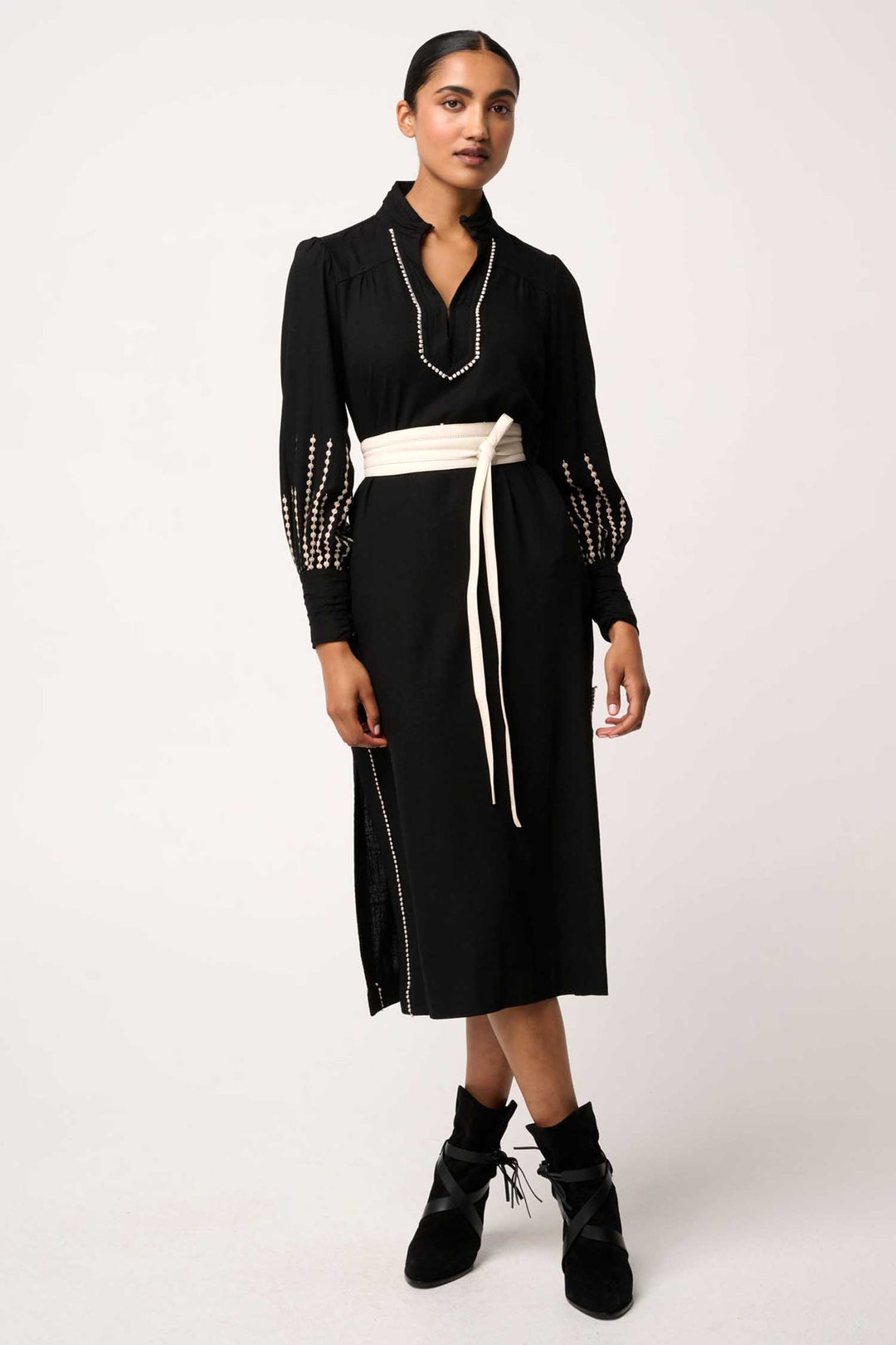 Edith Embroidered Column Midi Dress in Black