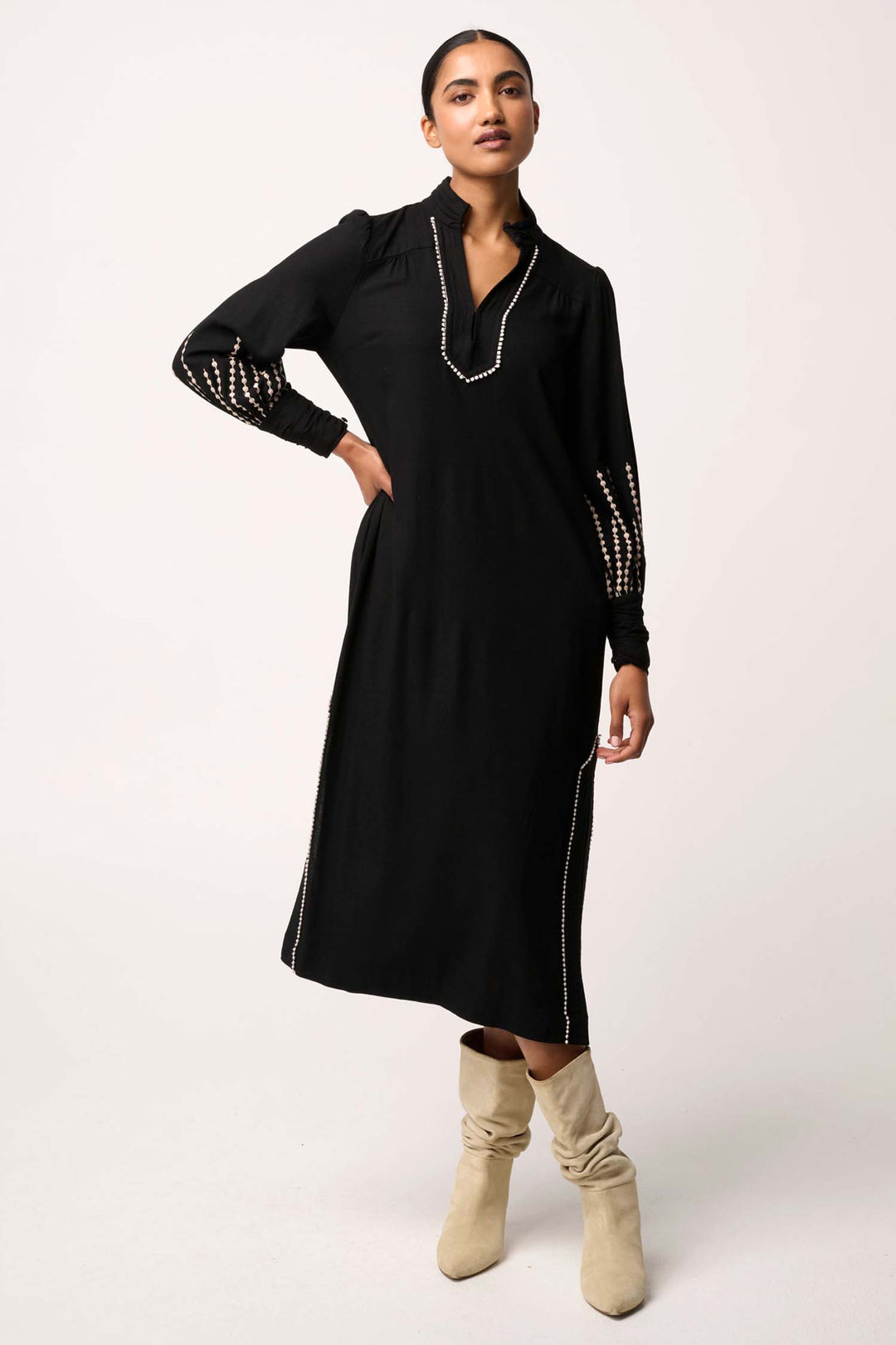 Edith Embroidered Column Midi Dress in Black