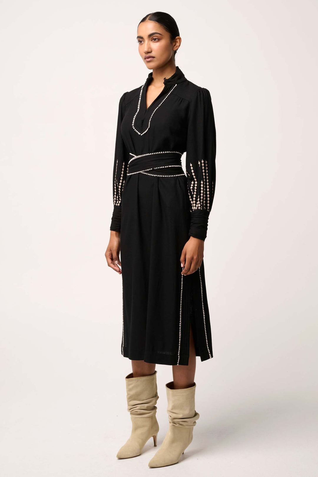 Edith Embroidered Column Midi Dress in Black