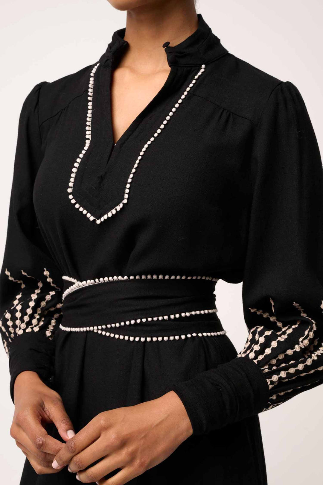 Edith Embroidered Column Midi Dress in Black