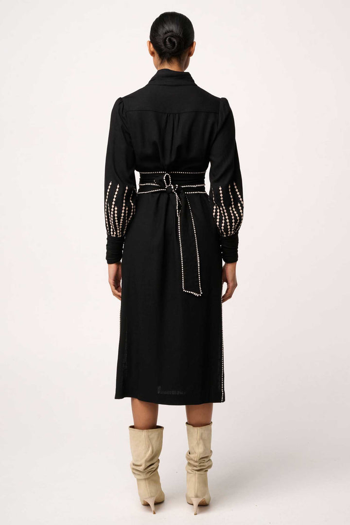 Edith Embroidered Column Midi Dress in Black