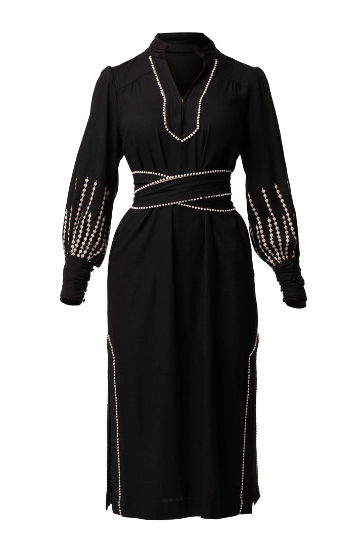Edith Embroidered Column Midi Dress in Black