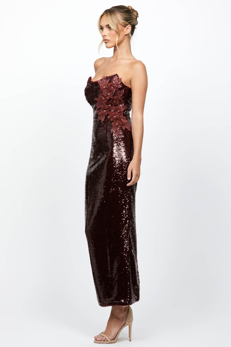 Edith Scoop Strapless Midi Dress in Maroon Red