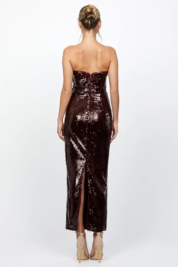 Edith Scoop Strapless Midi Dress in Maroon Red