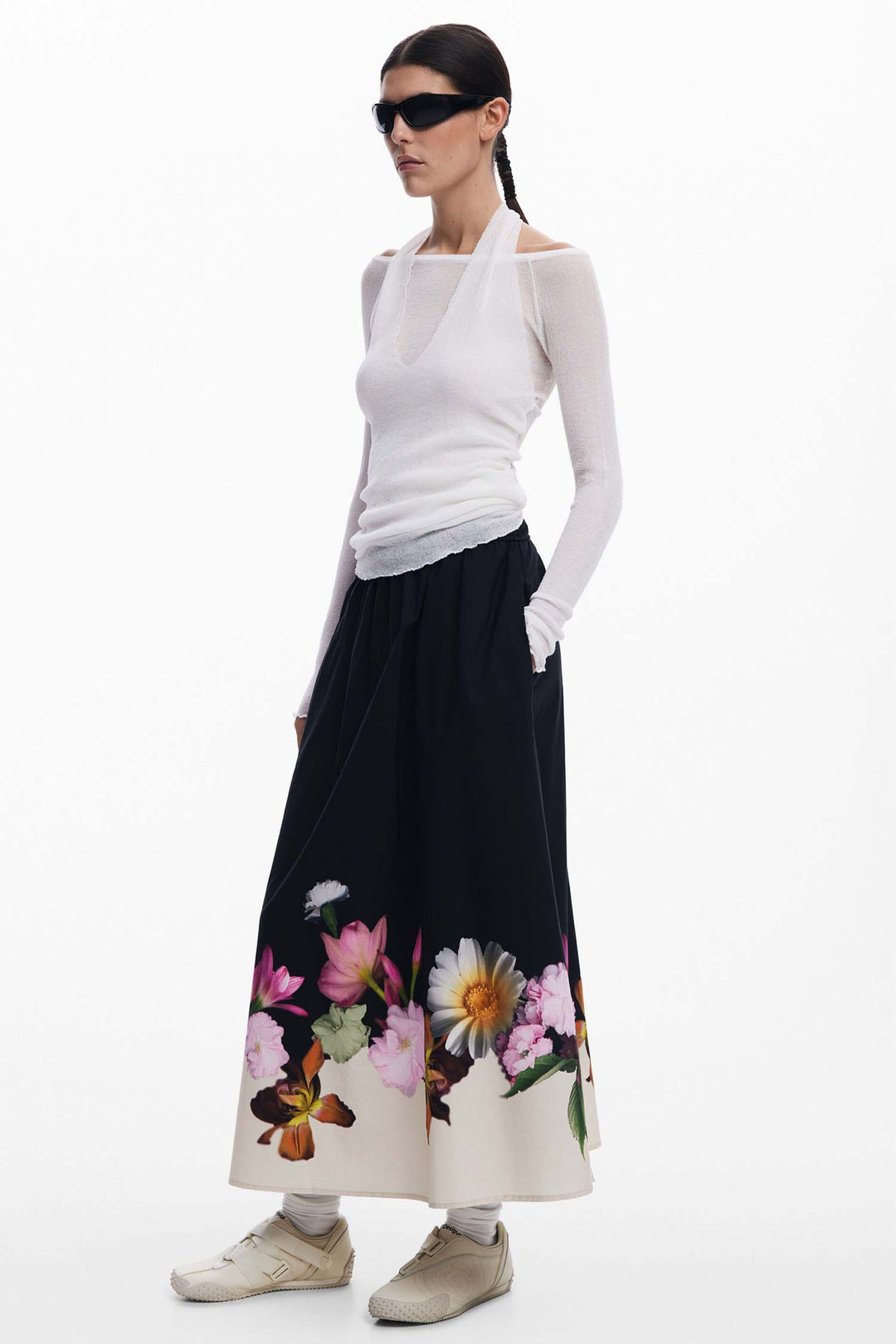 Elastic Floral Midi Skirt