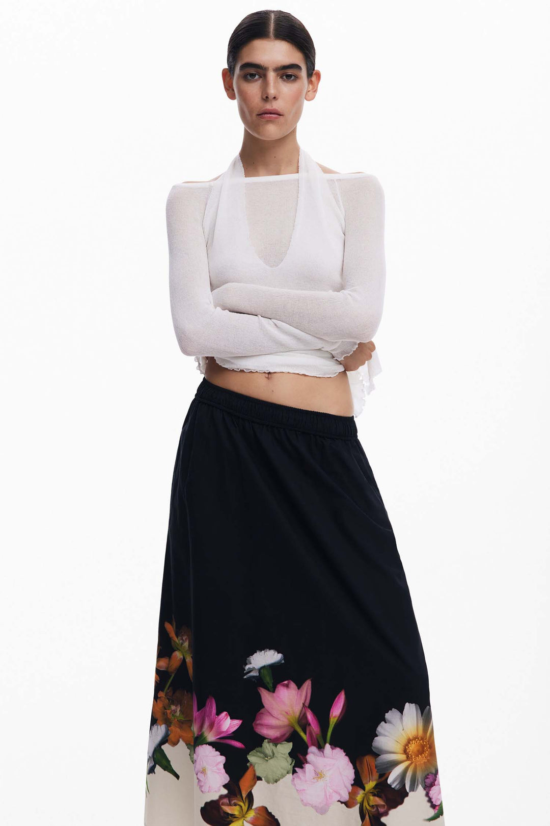 Elastic Floral Midi Skirt