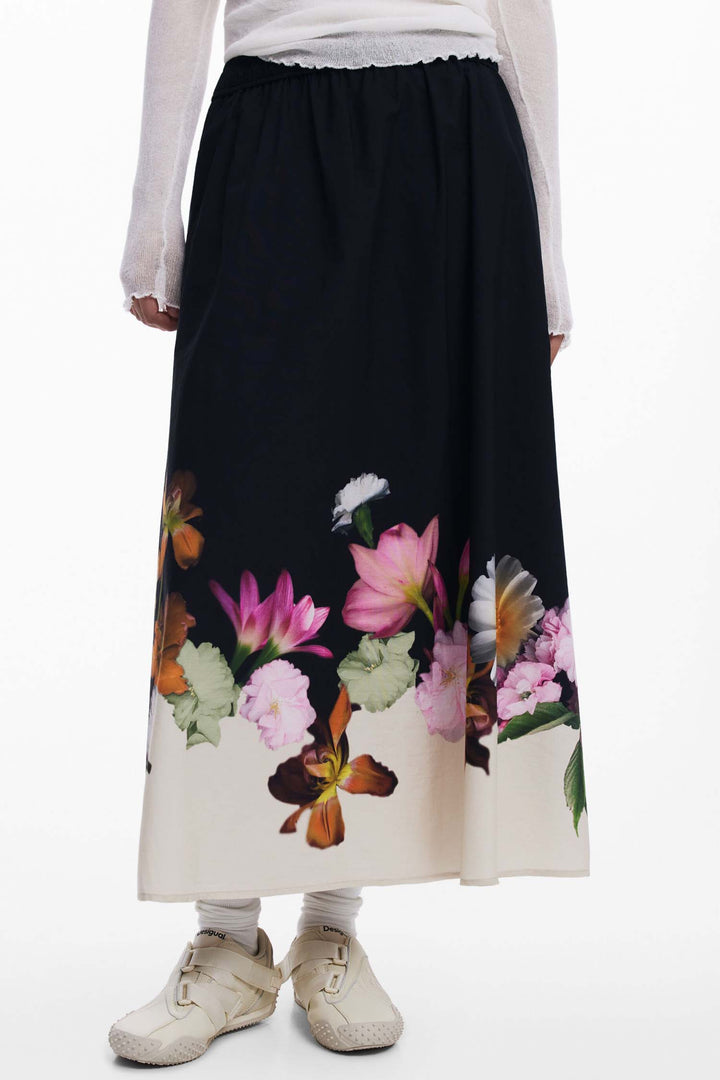Elastic Floral Midi Skirt