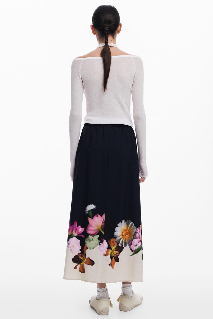 Elastic Floral Midi Skirt