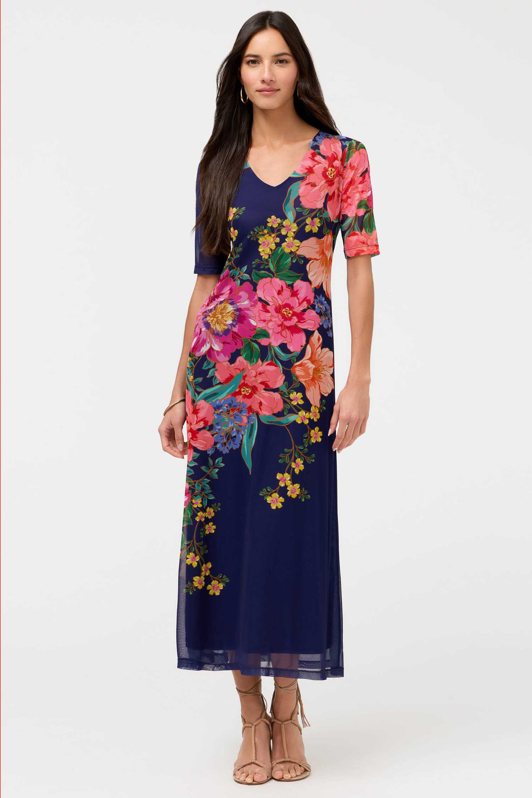 Elbow Sleeve V-Neck Mesh Midi Dress in Celiora Navy