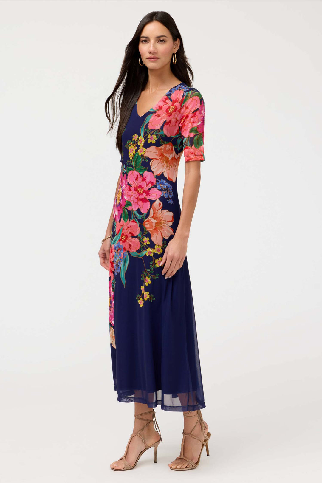 Elbow Sleeve V-Neck Mesh Midi Dress in Celiora Navy