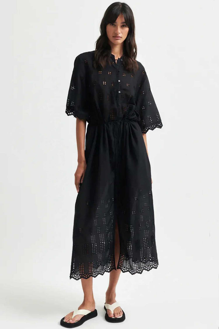 Elenore Broderie Midi Dress in Black