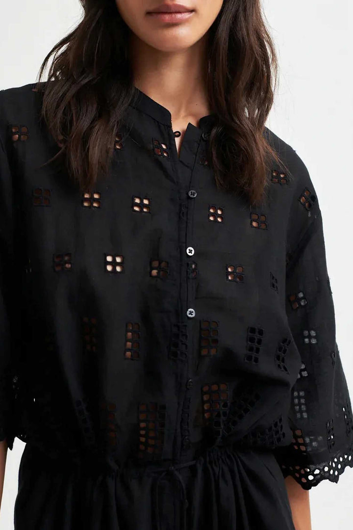 Elenore Broderie Midi Dress in Black