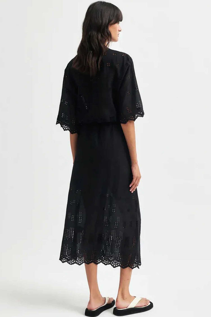 Elenore Broderie Midi Dress in Black