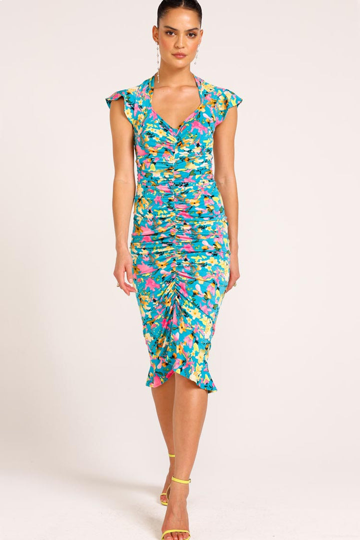 Elika Ruched Floral Dress in Turquoise