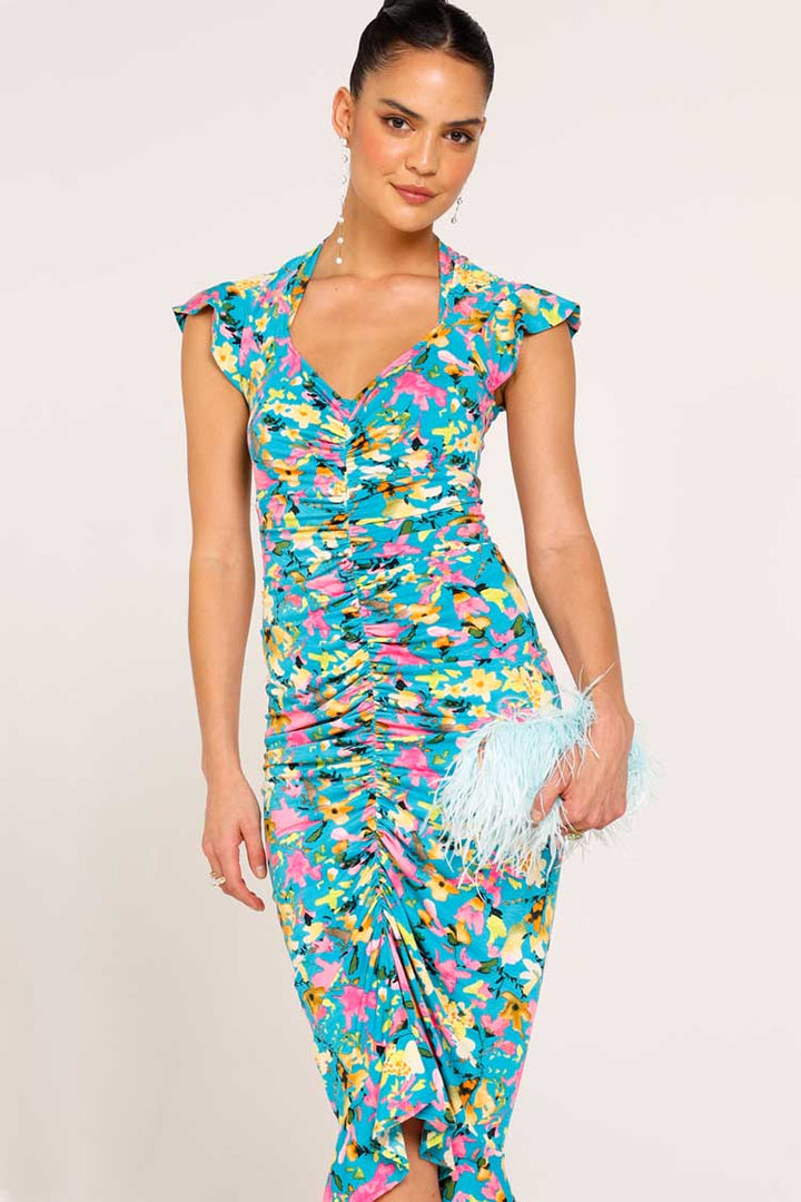 Elika Ruched Floral Dress in Turquoise