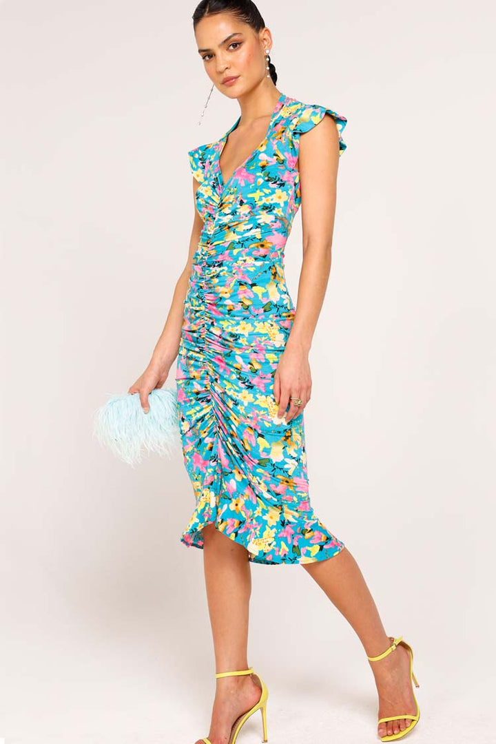 Elika Ruched Floral Dress in Turquoise