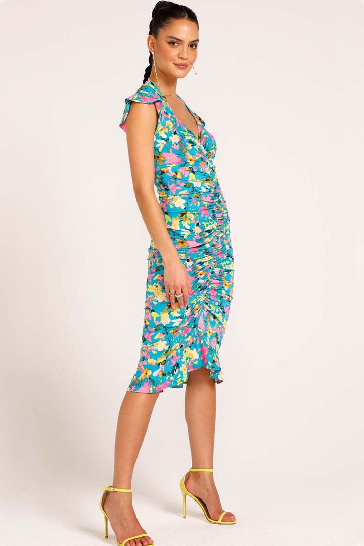 Elika Ruched Floral Dress in Turquoise