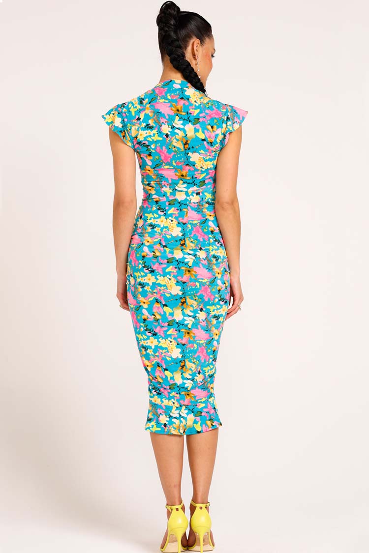 Elika Ruched Floral Dress in Turquoise