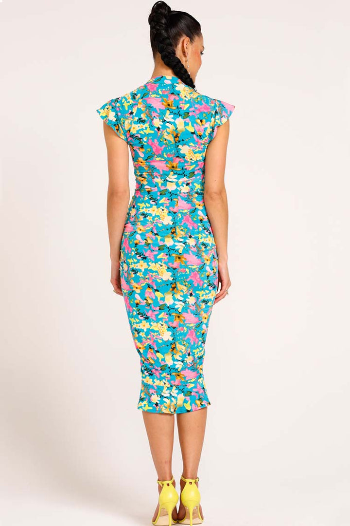 Elika Ruched Floral Dress in Turquoise | FINAL SALE