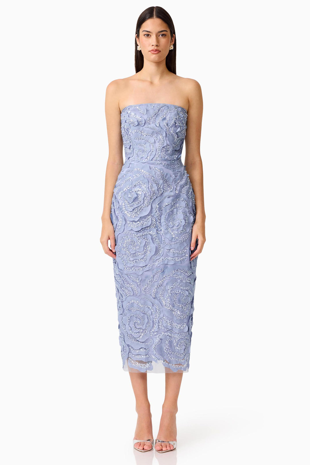 Elisa Strapless Midi Dress in Steel Blue