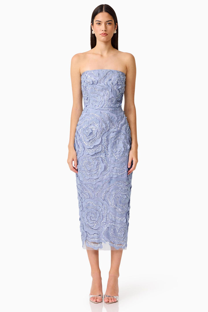 Elisa Strapless Midi Dress in Steel Blue