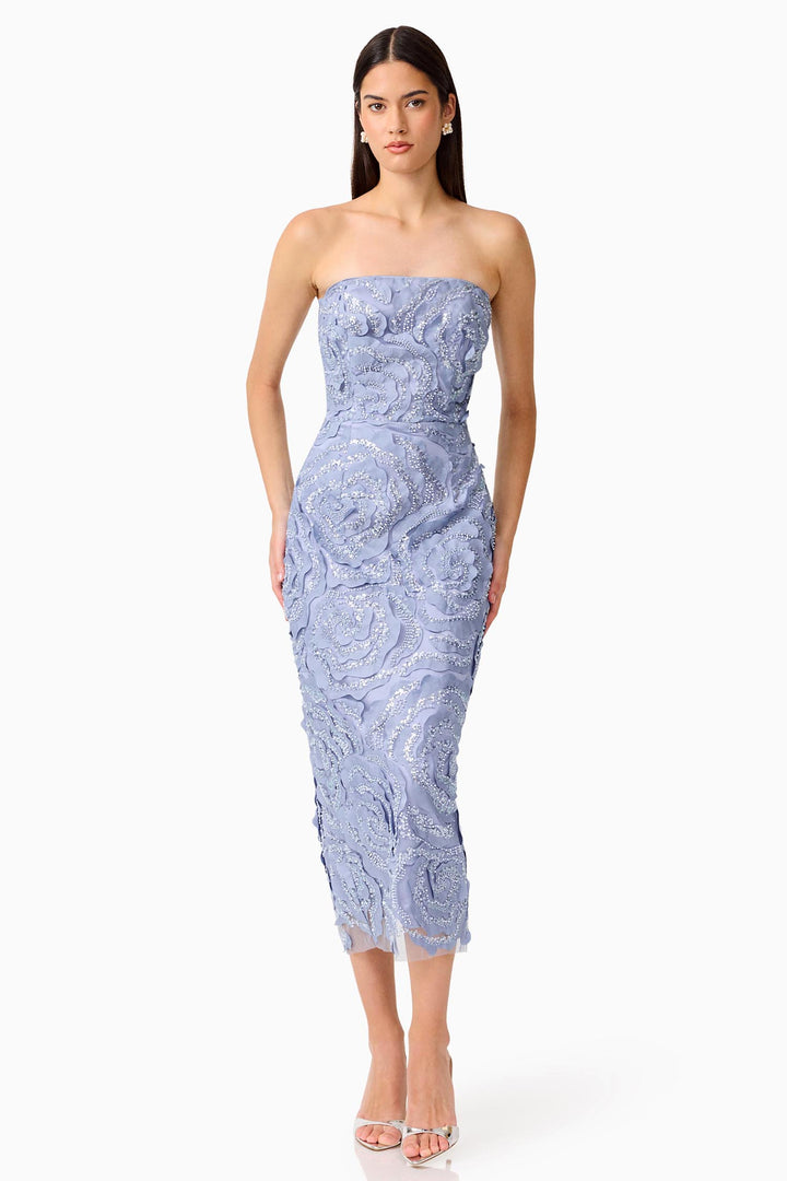 Elisa Strapless Midi Dress in Steel Blue