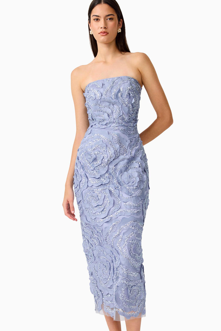 Elisa Strapless Midi Dress in Steel Blue