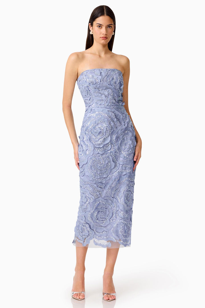 Elisa Strapless Midi Dress in Steel Blue