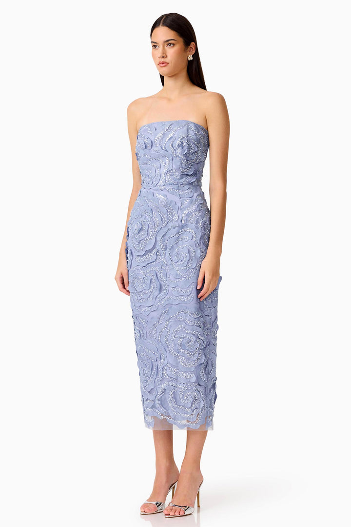 Elisa Strapless Midi Dress in Steel Blue