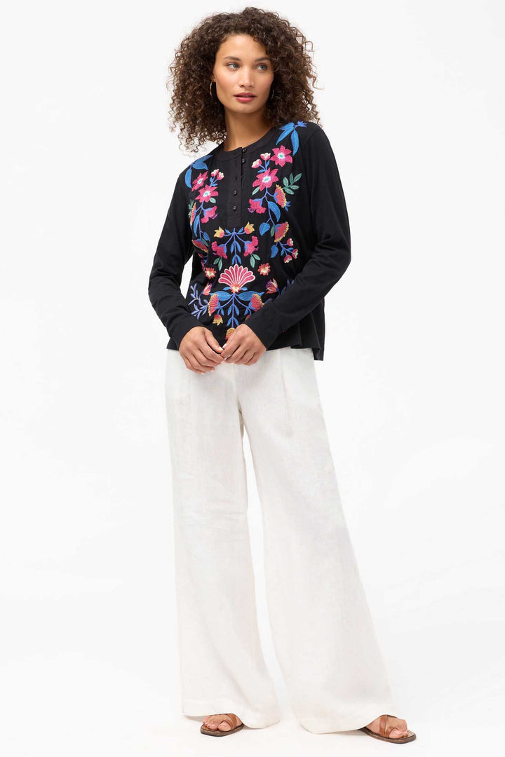 Elizabeth Mixed Media Henley T- Shirt in Black