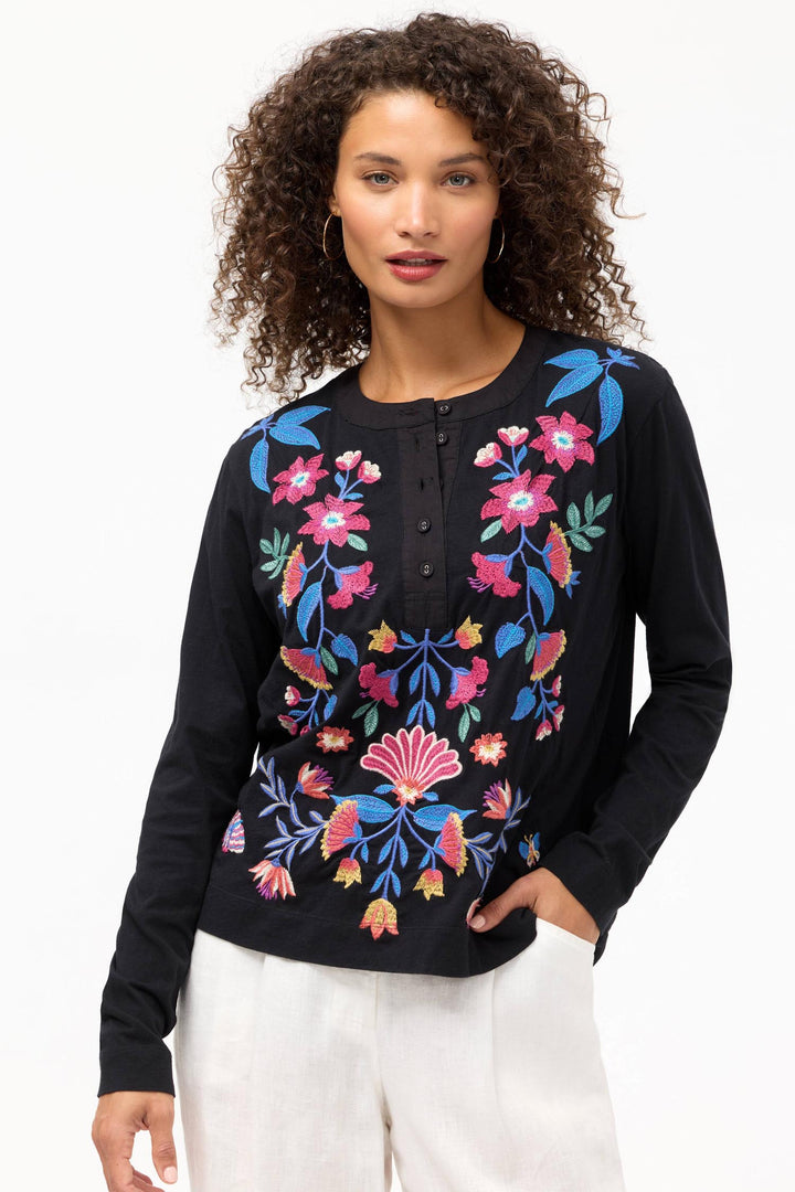 Elizabeth Mixed Media Henley T- Shirt in Black