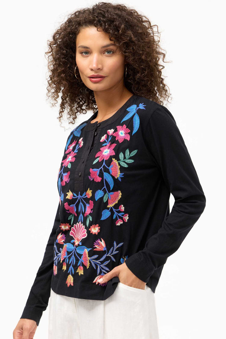 Elizabeth Mixed Media Henley T- Shirt in Black