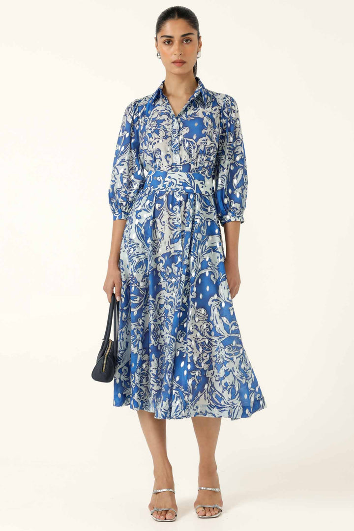 Elmridge Dress in Blue White Silver