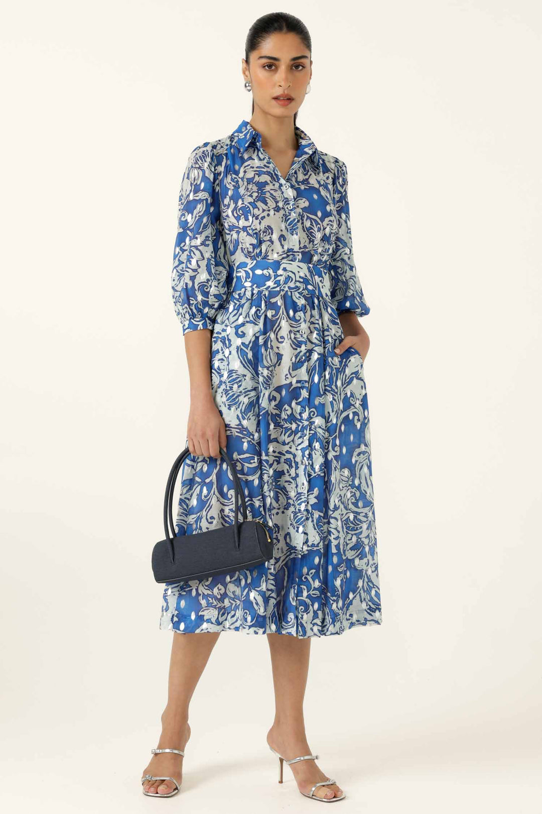 Elmridge Dress in Blue White Silver