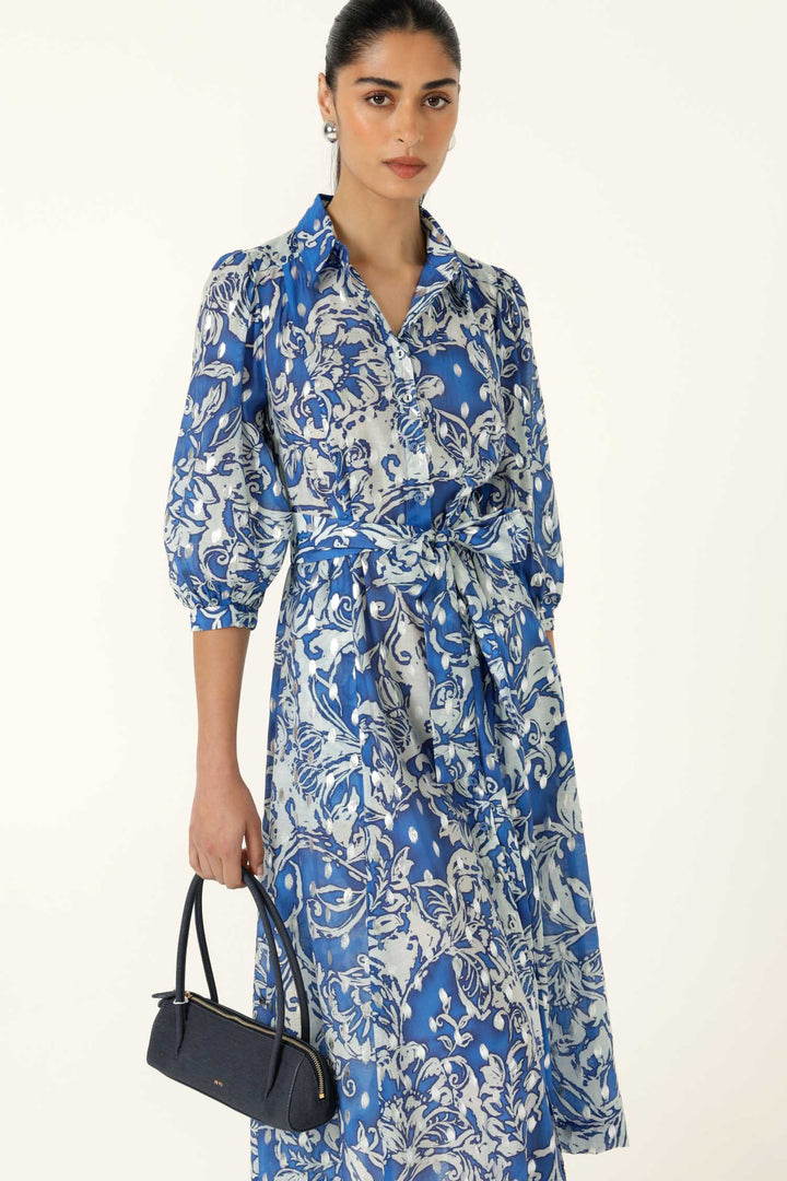 Elmridge Dress in Blue White Silver