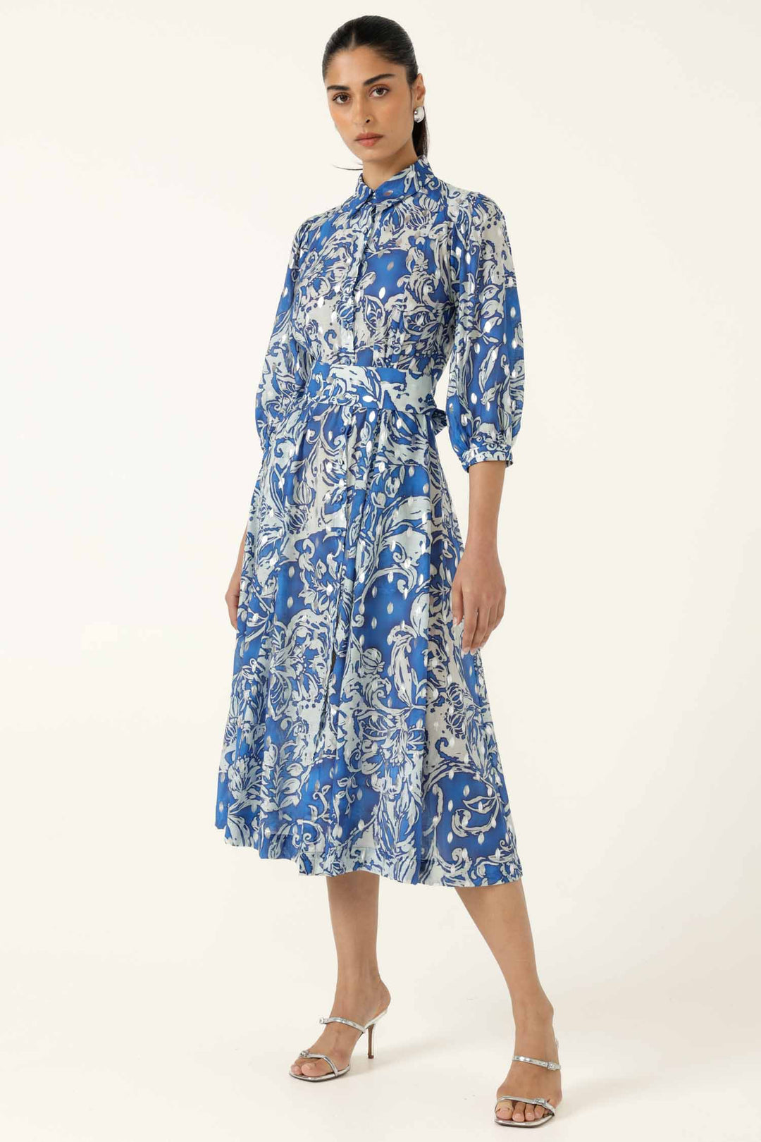 Elmridge Dress in Blue White Silver