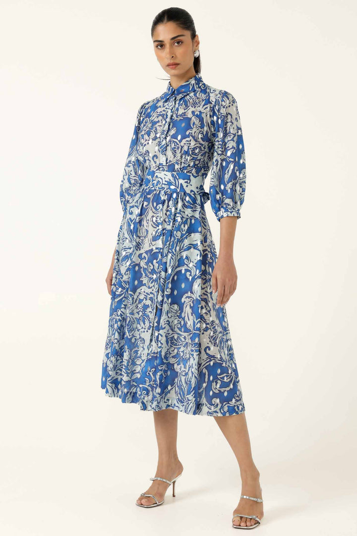Elmridge Dress in Blue White Silver